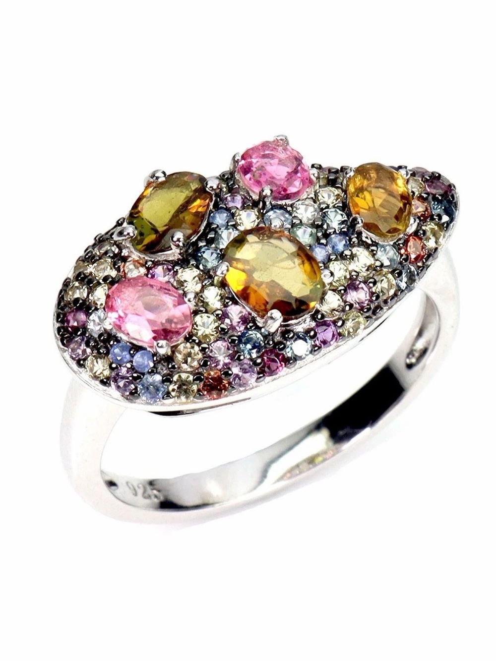 Stunning Diamond cut Sapphire and Tourmaline in 925 Sterling Silver Ring Sz 8.5